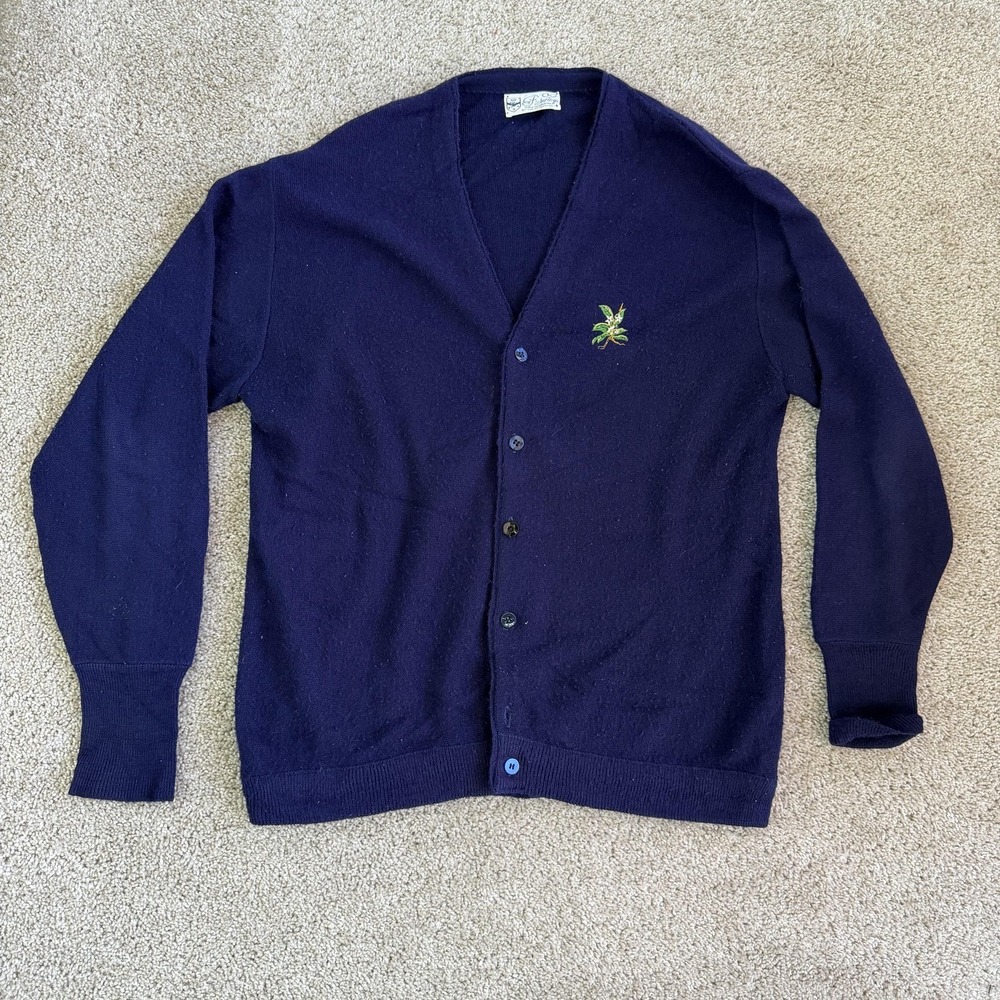 Vintage Pickering Sweater Mens Large Blue Tight Knit V Neck Cardigan Logo